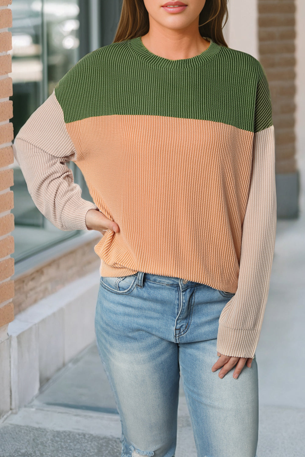 Black Color Block Long Sleeve Ribbed Loose Top