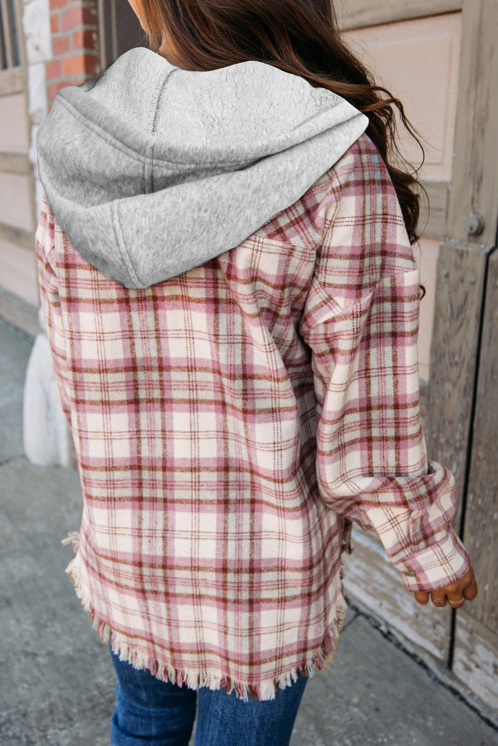 Multicolour Plaid Flap Pocket Hooded Raw Hem Jacket