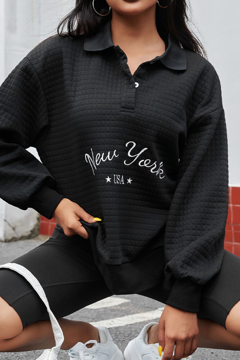 NEW YORK USA Button Detail Long Sleeve Sweatshirt