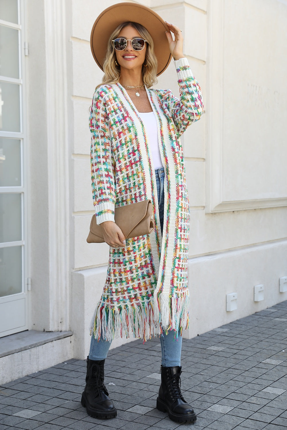 Angel Wings Full Size Multicolored Open Front Fringe Hem Cardigan