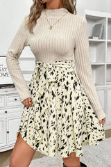 Beige Ribbed Knit Belted A-line Dress with Patchwork Print