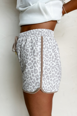 White Leopard Elastic Waistband Lace up Contrast Trim Casual Shorts