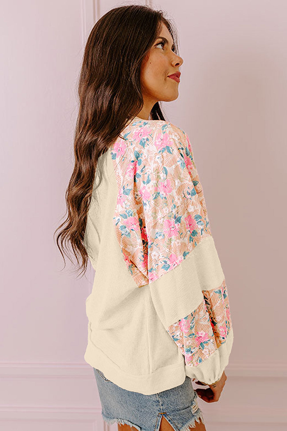 Beau Blue Textured Floral Patchwork Balloon Sleeve Blouse