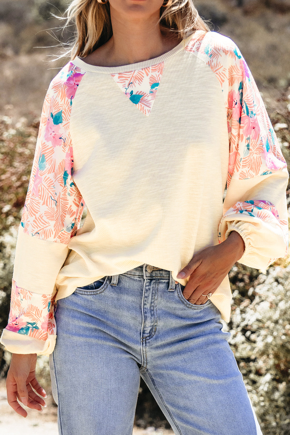 Beau Blue Textured Floral Patchwork Balloon Sleeve Blouse