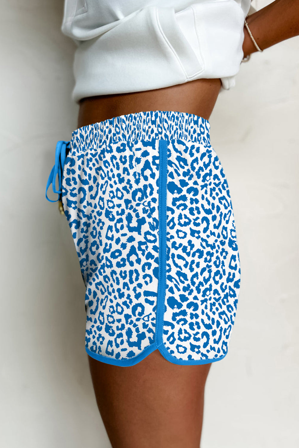 White Leopard Elastic Waistband Lace up Contrast Trim Casual Shorts