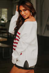White American Flag Cable Knit Drop Shoulder Sweater