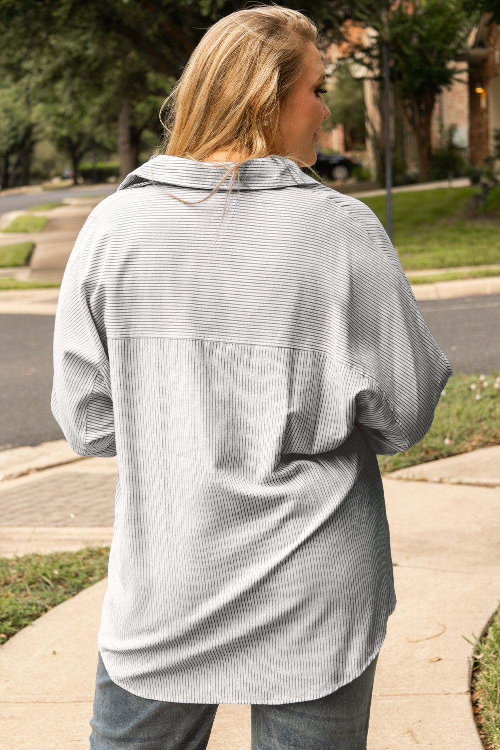 Plus Size White Striped Rolled Sleeve Button-Up Shirt