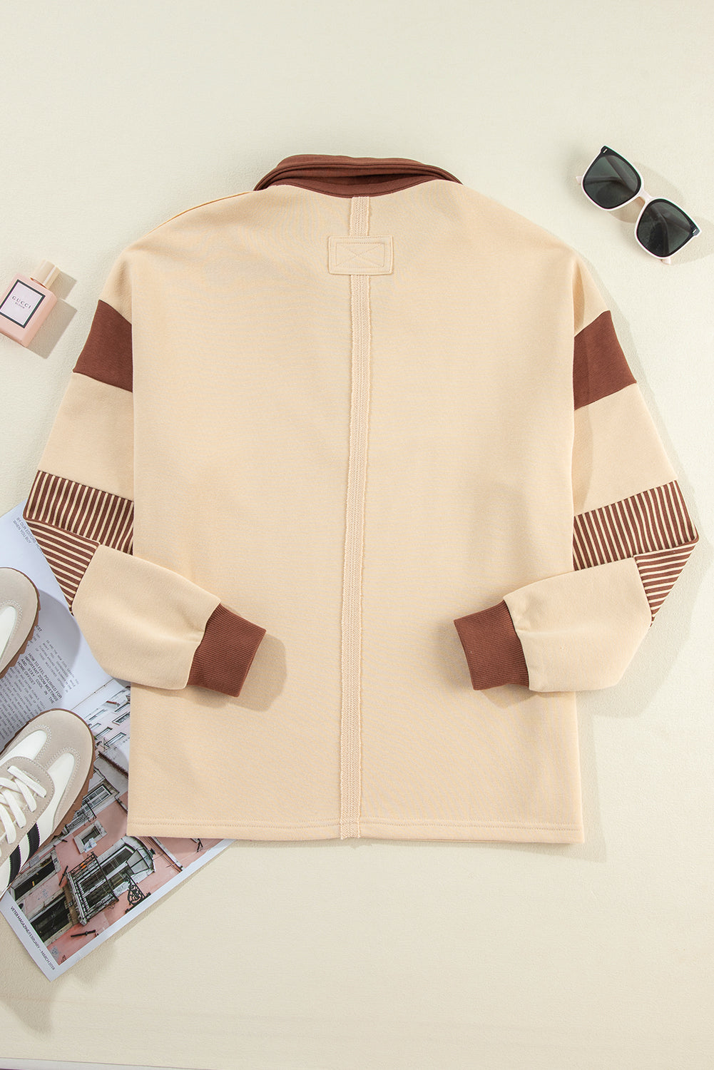 Dark Blue Striped Colorblock Patchwork Collar Sweatshirt