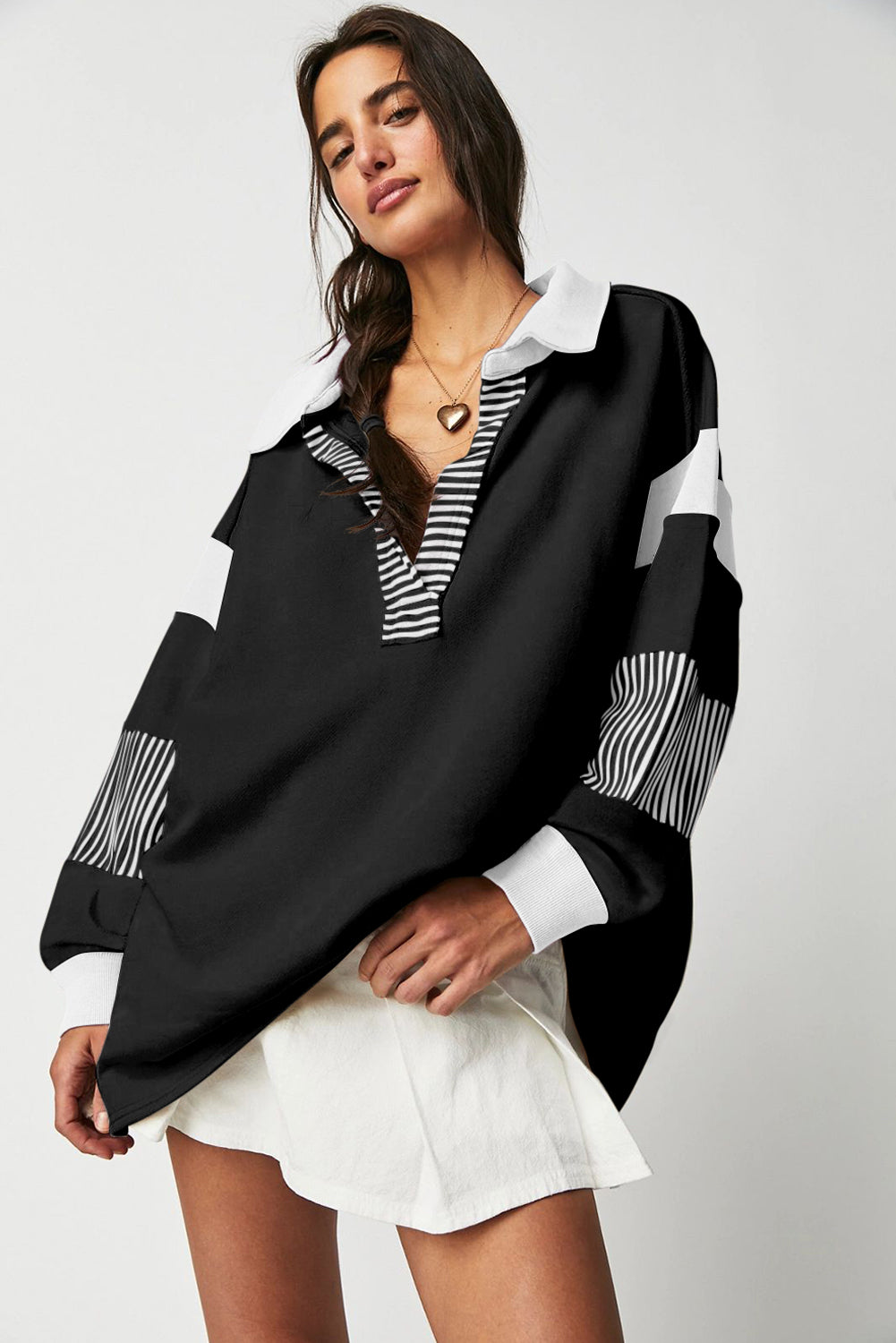 Dark Blue Striped Colorblock Patchwork Collar Sweatshirt