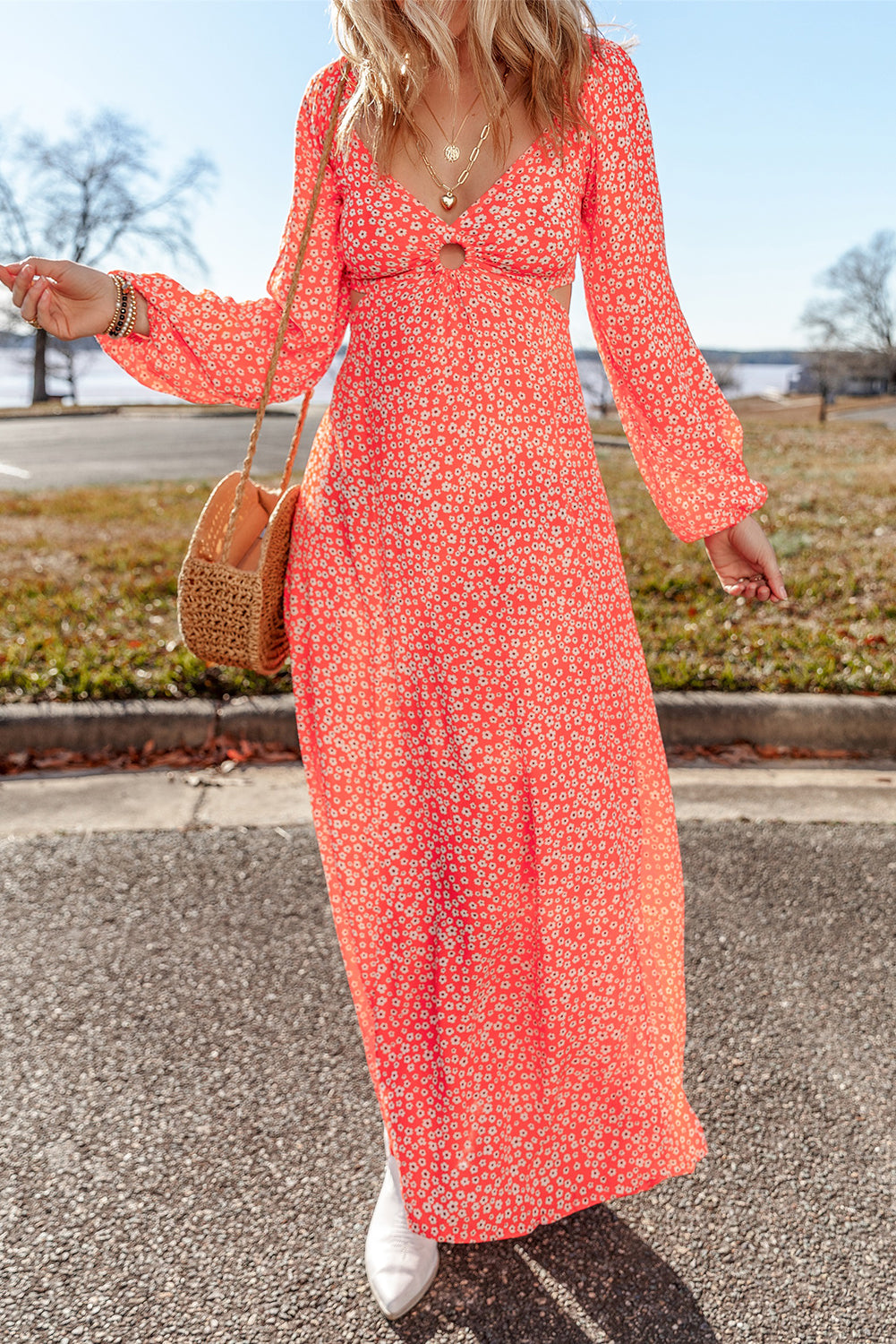 Red Floral Long Puff Sleeve V Neck Hollow Out Dress