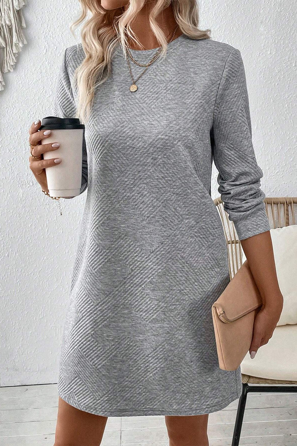 Apricot Textured Long Sleeve Mini Shift Dress