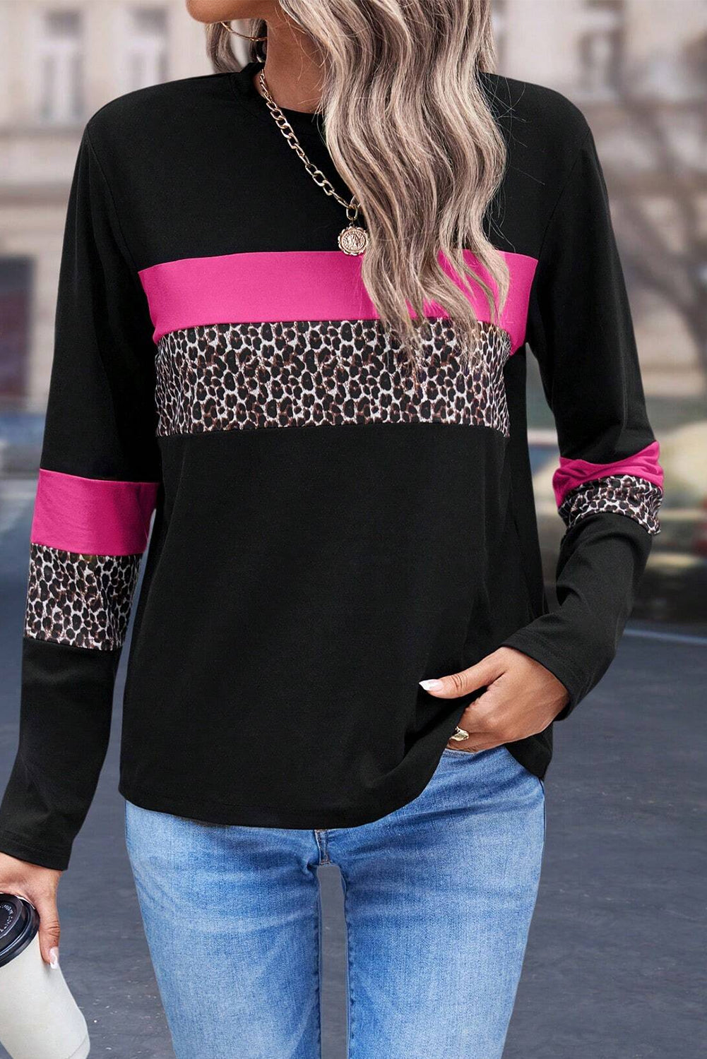 White Leopard Colorblock Patchwork Crew Neck Long Sleeve Tee