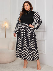 Plus Size Printed Mock Neck Long Sleeve Midi Dress