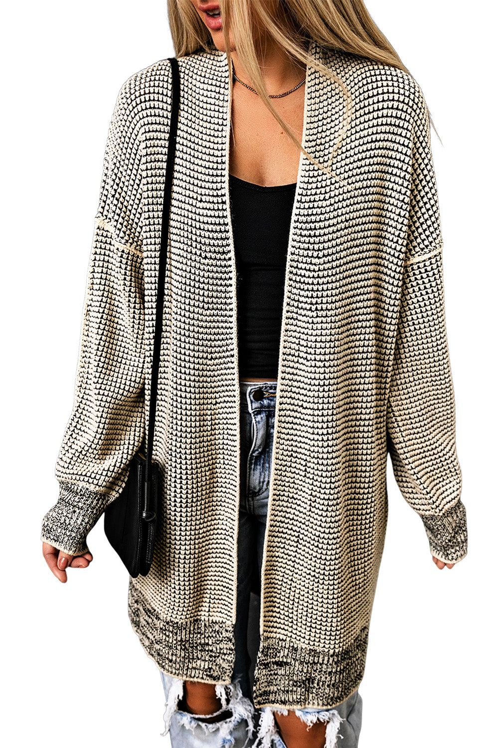 Apricot Plaid Knitted Long Open Front Cardigan