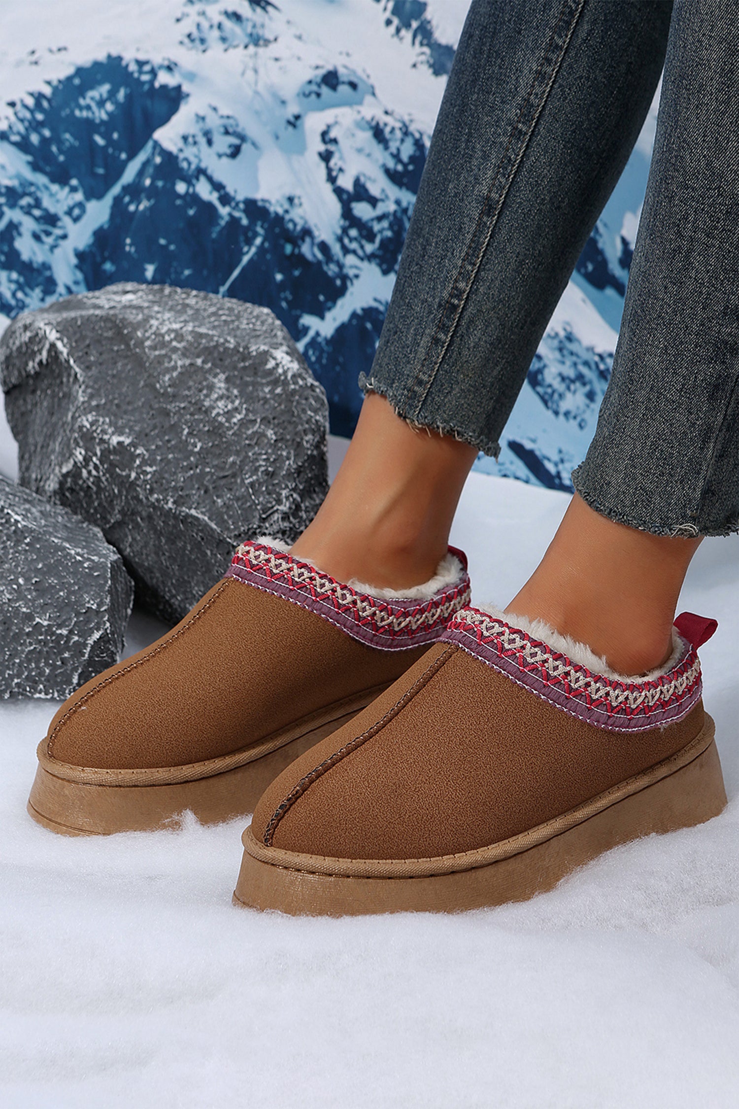 Chestnut Suede Contrast Print Plush Lined Snow Boots