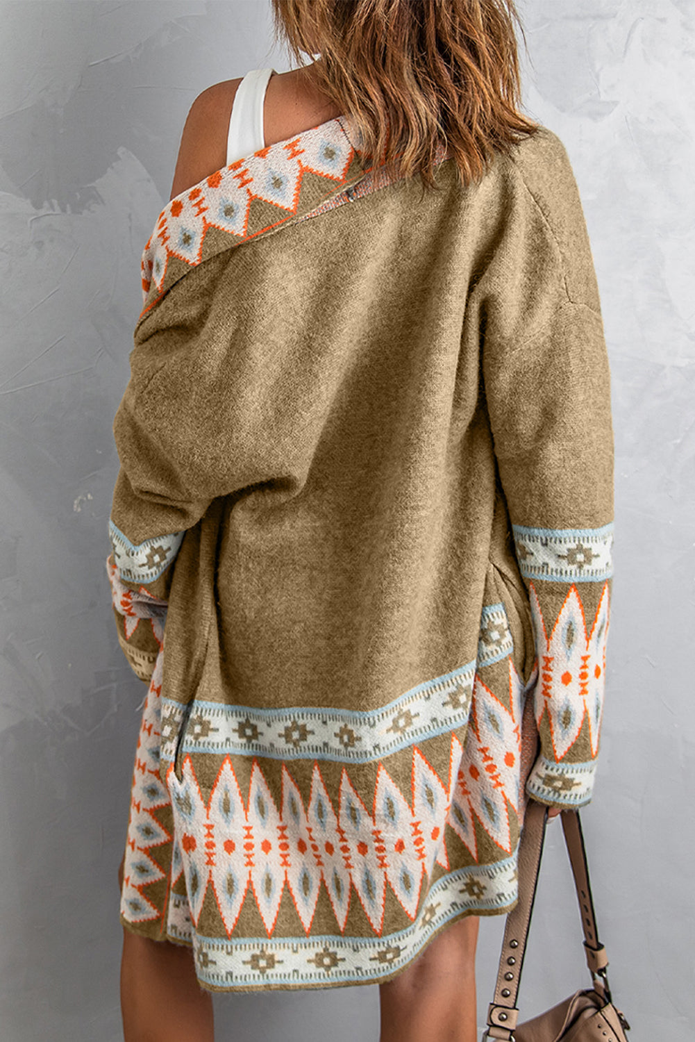 Gray Aztec Print Open Front Knitted Cardigan