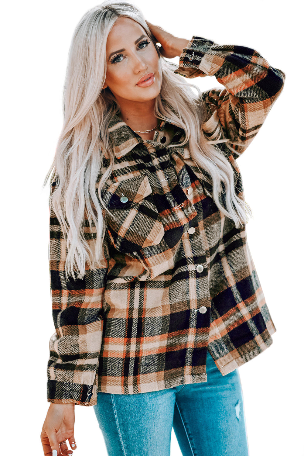 Geometric Plaid Print Pocketed Shacket