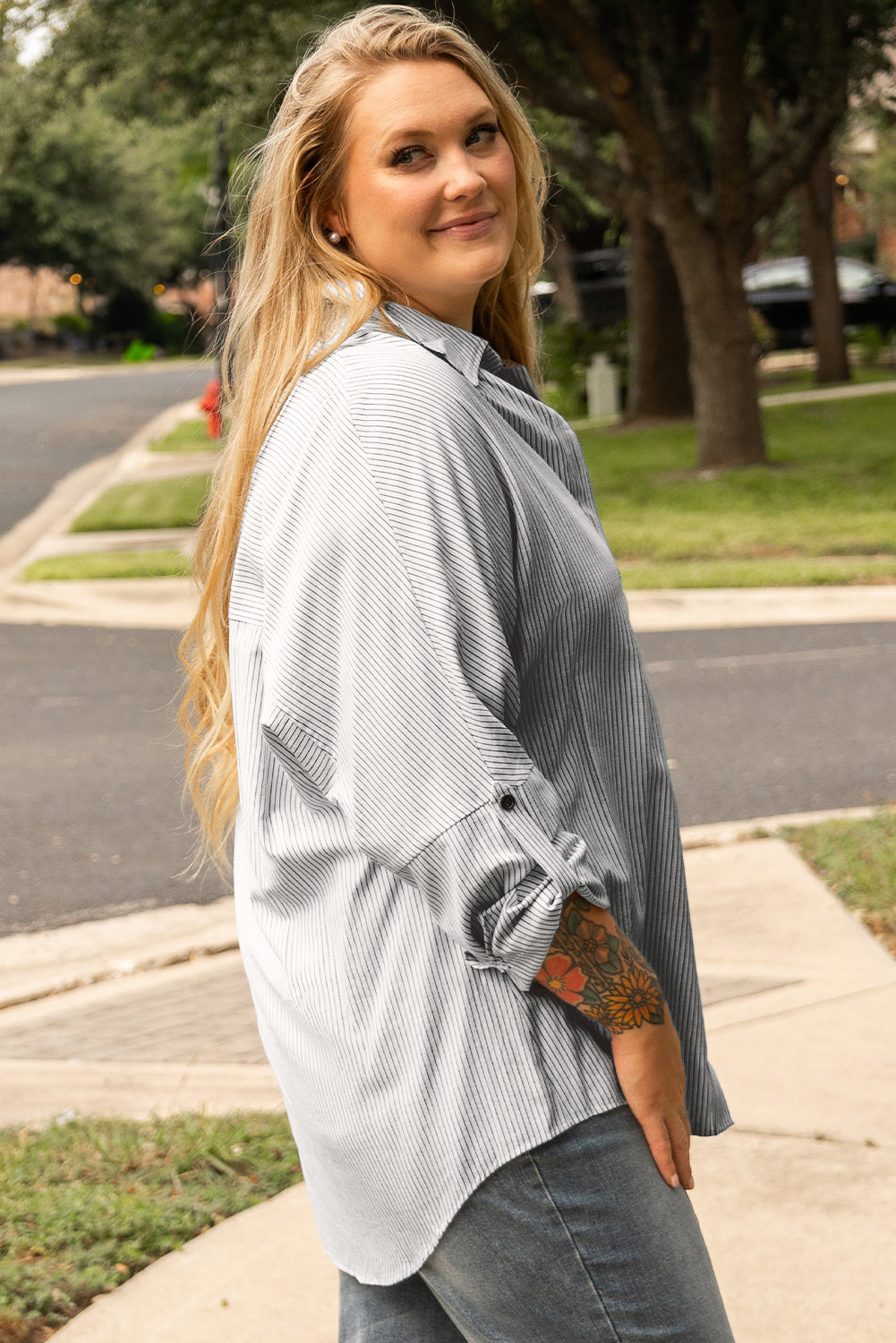 Plus Size White Striped Rolled Sleeve Button-Up Shirt