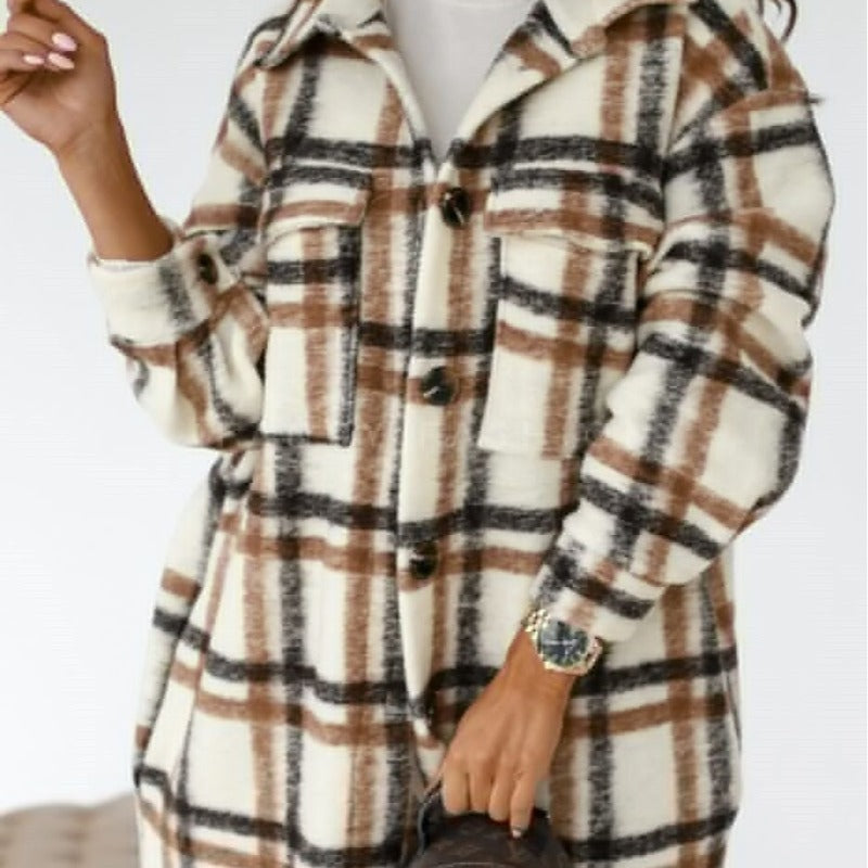 Spring and autumn new women's long-sleeved plaid print mid-length shirt coat