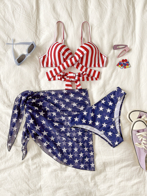 New women's bikini flag print stars and stripes three-piece swimsuit