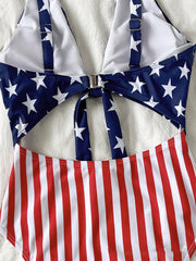 New women's flag striped star straps hollow one-piece bikini