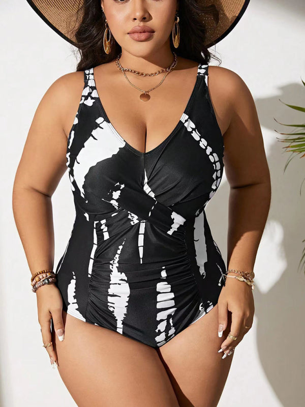 Plus size black and white one-piece slim bikini swimsuit