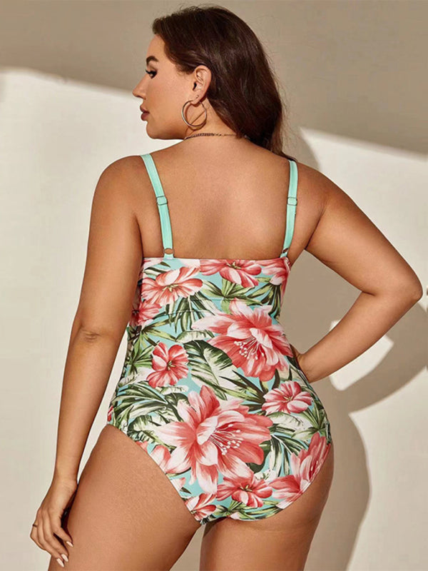 Large size sexy printed hip-covering strappy one-piece swimsuit