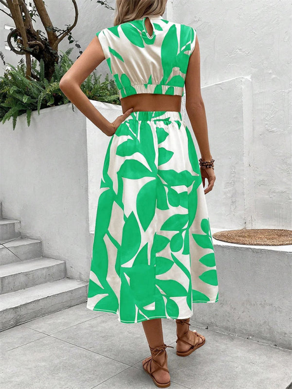 Round Neck Short Sleeve High Waist Plant Flower Print Long Dress Women's Dress