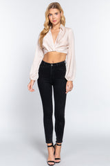 Long Sleeve Notched Collar Front Twisted Detail Crop Woven Top