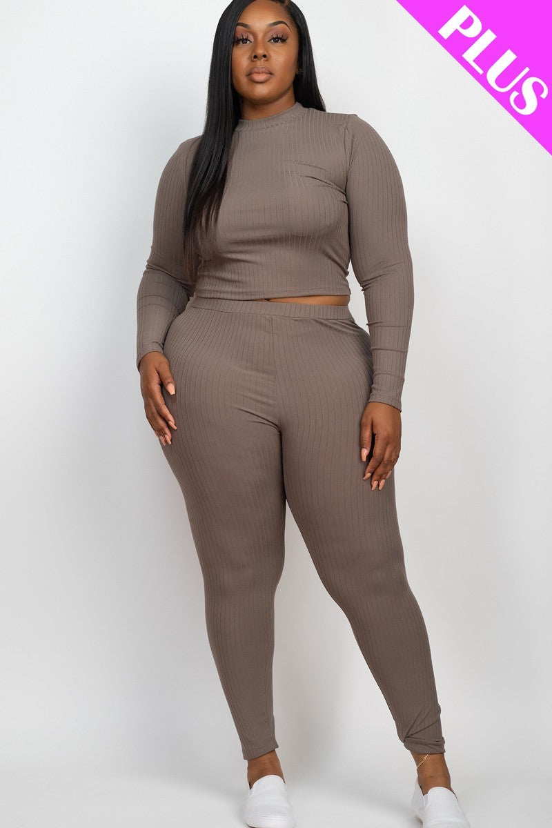 Plus Ribbed Mock Neck Long Sleeve Top & Leggings Set